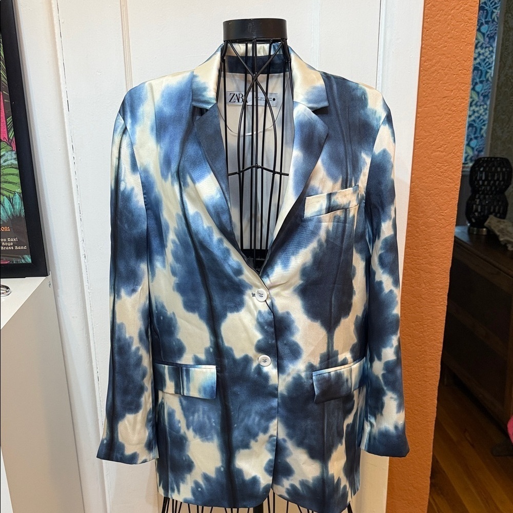 NWT Zara Navy and Cream Patterned Blazer-Sz S - Picture 1 of 5